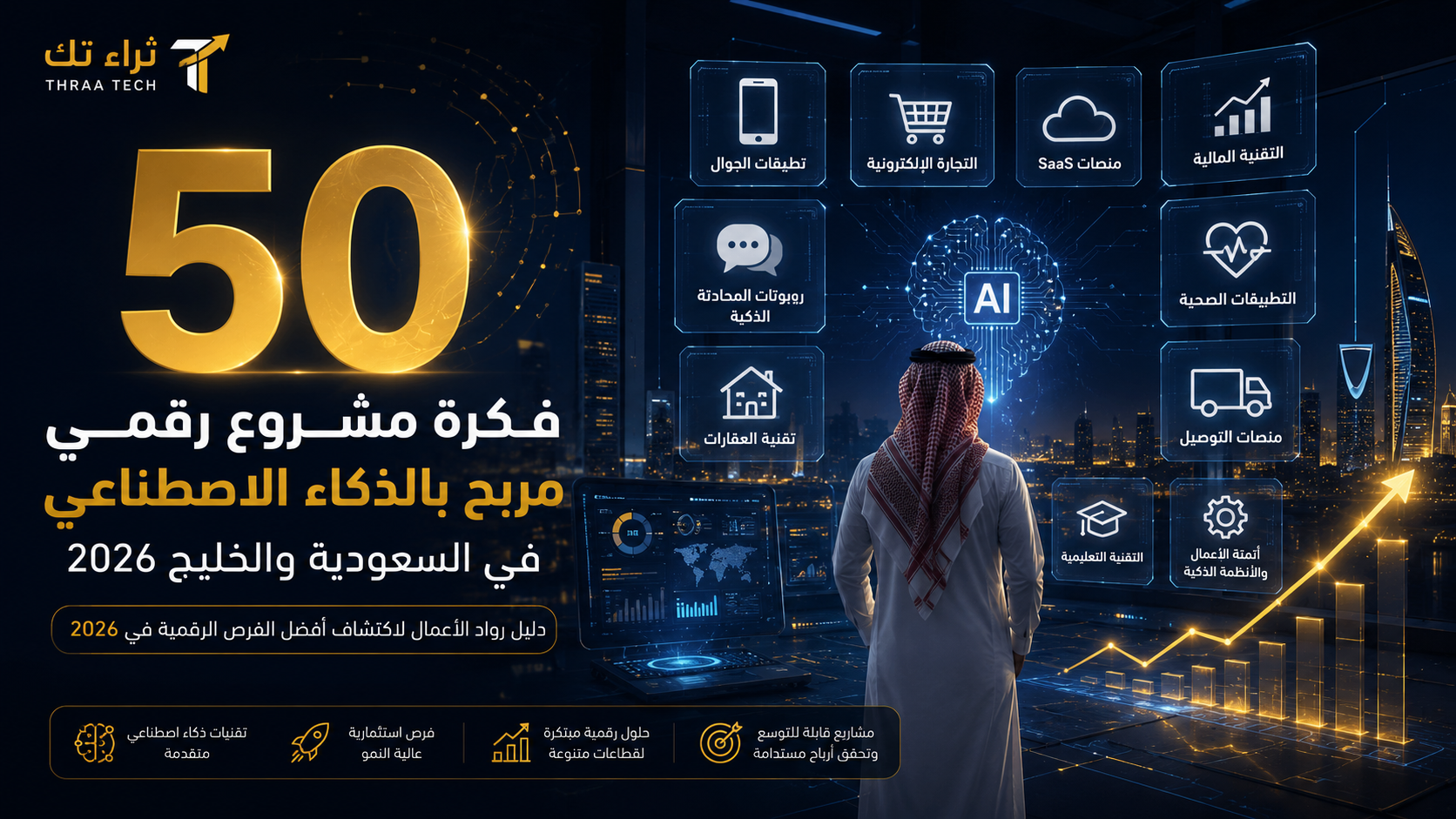 50 فكرة مشروع رقمي مربح بالذكاء الاصطناعي في السعودية والخليج 2026