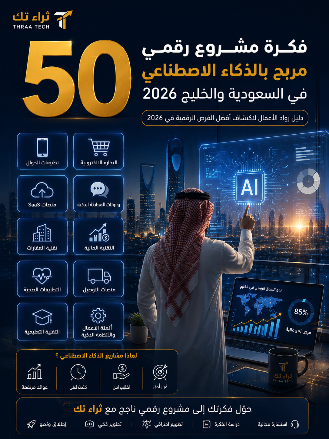 50 فكرة مشروع رقمي مربح بالذكاء الاصطناعي في السعودية والخليج 2026 - صورة 1